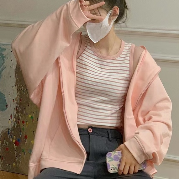 ZHELIHANGFEI Áo Khoác Hoodie Tay Dài Dáng Rộng Màu Hồng Dễ Thương Xinh Xắn