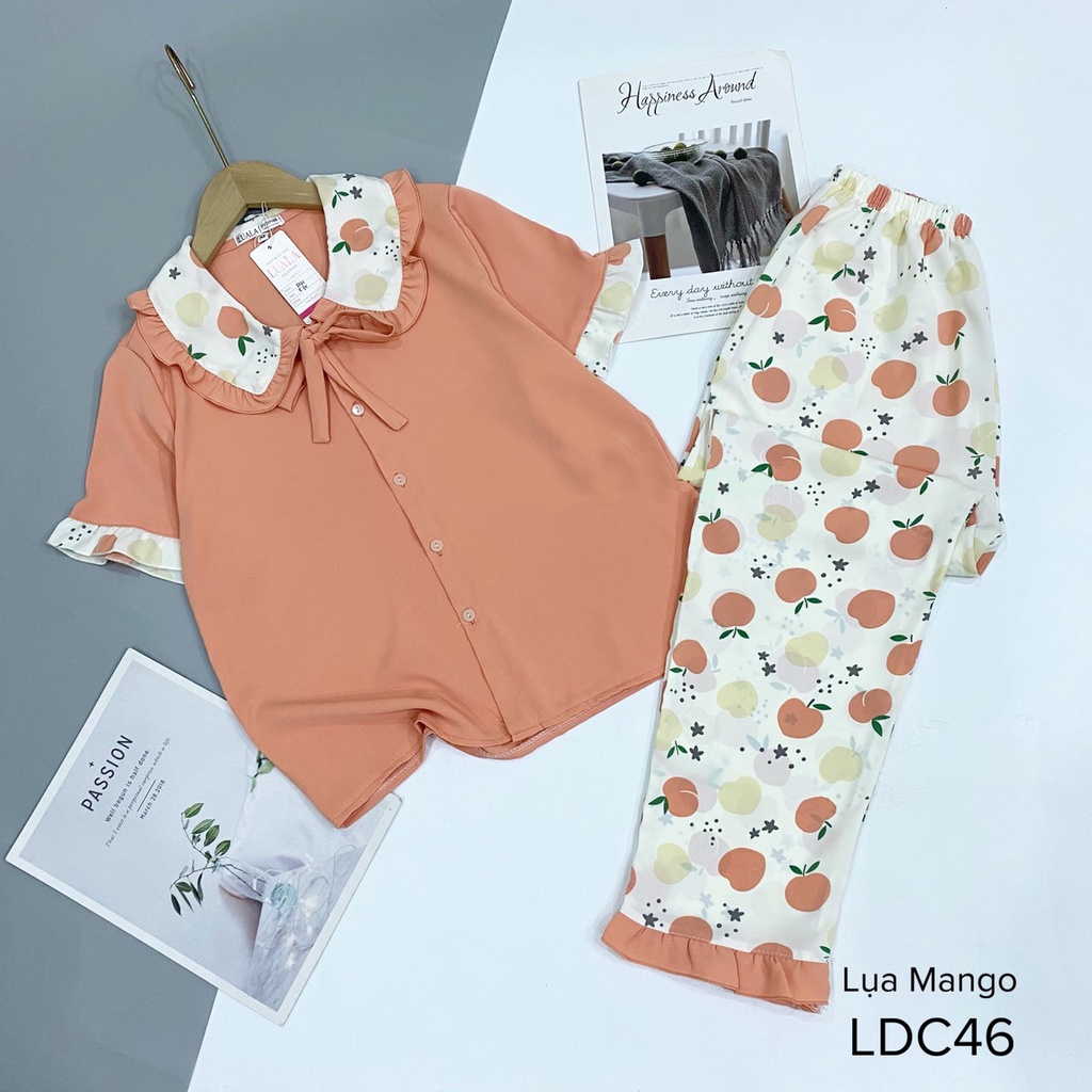 Bộ pijama lụa cộc dài cổ bèo lụa mango loại 1⚡độ co giãn nhẹ♥️hình in sắc nét⚡full sizekhông bai xù co rút vải