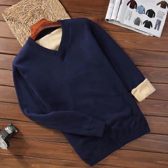 Áo len nam lót lông bên trong siêu ấm 1 màu loại cổ tròn hoặc cổ tim