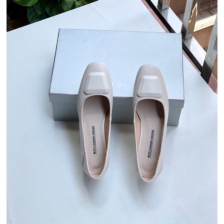 Giày búp bê mũi vuông gót cao 3cm thương hiệu Ecco da thật cao cấp màu đơn giản dễ phối đồ