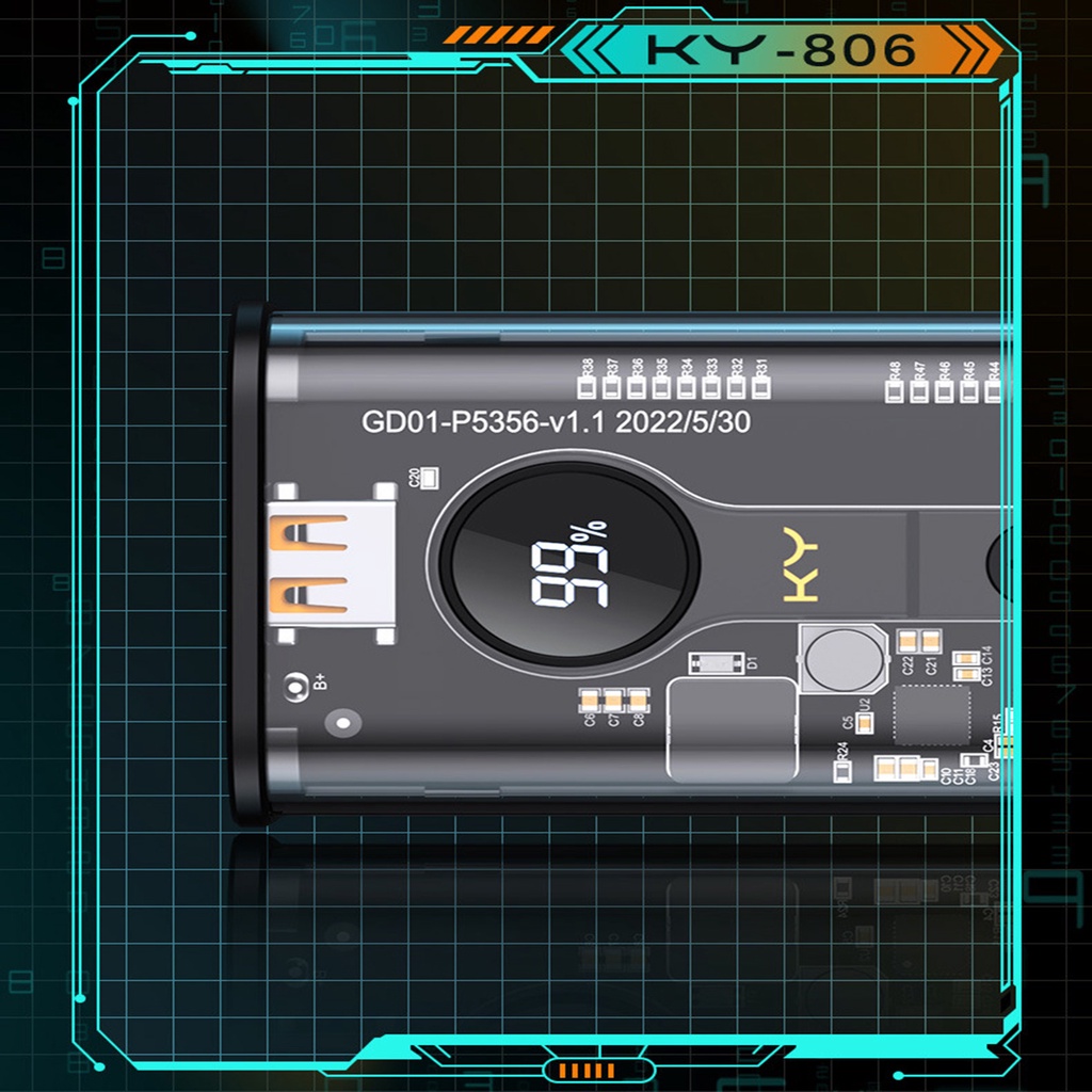Sạc dự phòng KY 10000mAh trong suốt hỗ trợ sạc nhanh PD20W tích hợp màn hình led thông minh hiển thị dung lượng pin