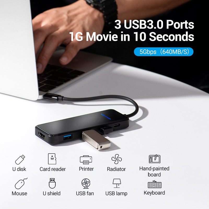 Thiết bị chia cổng VENTION chia cổng sạc USB C sang cổng HDMI 4K /3 USB 3.0/100W PD 5 trong 1