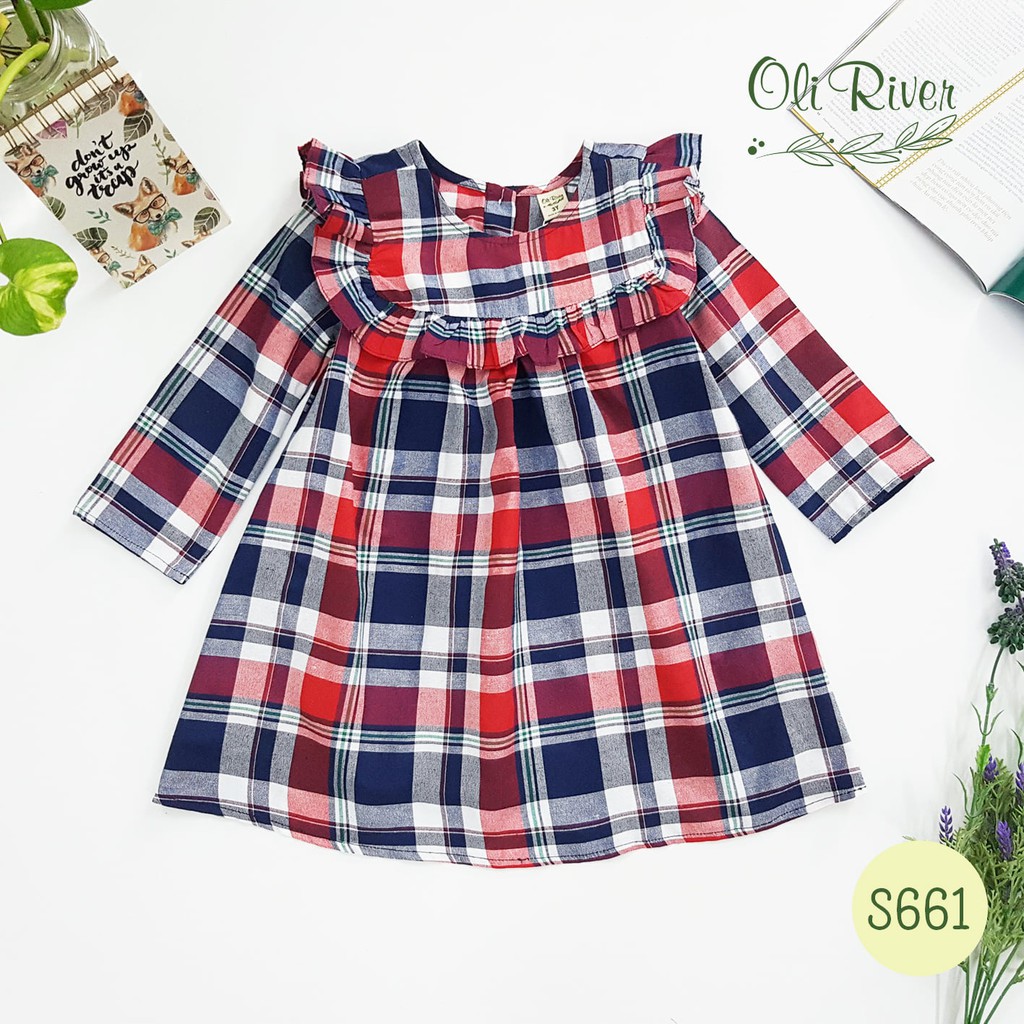 ĐẦM BÉ GÁI TAY DÀI HỌA TIẾT CARO OLIRIVER 7489