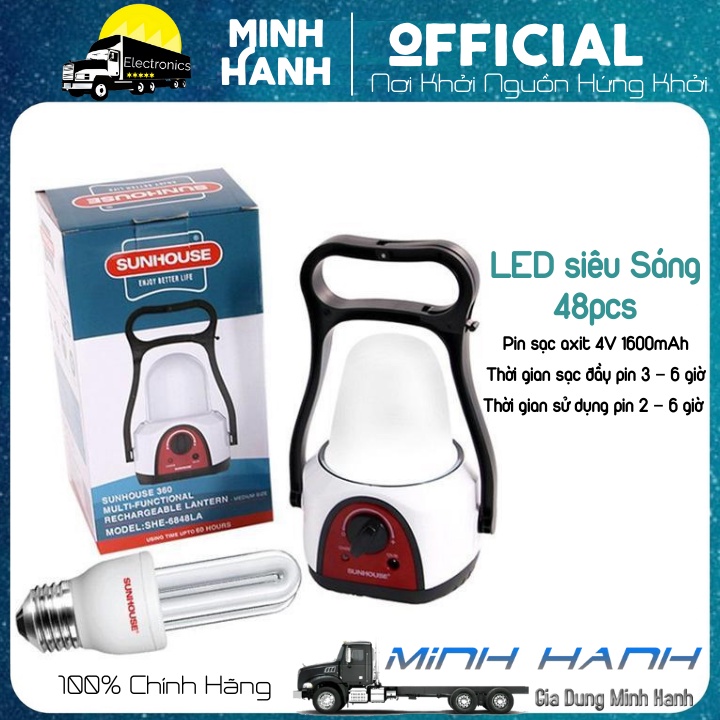 Đèn sạc tích điện siêu sáng Sunhouse SHE - 6848 LA COB 10W, đèn dự phòng đa năng  - Chính hãng