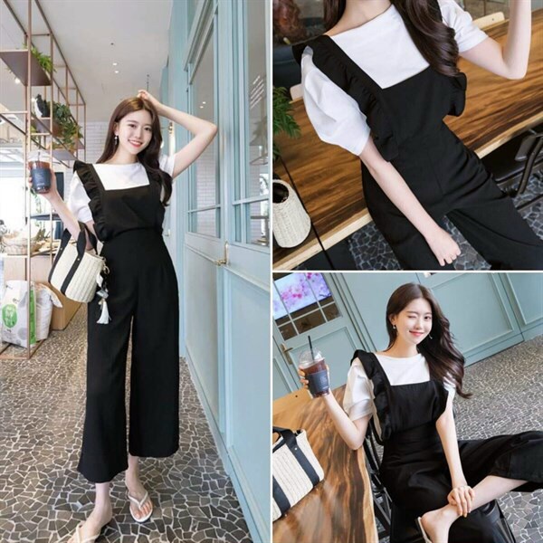 Set yếm cánh tiên quần dài phối áo trắng, set yếm đen bèo kèm áo trong, bộ dài mặc đi chơi dạo phố phong cách hàn quốc