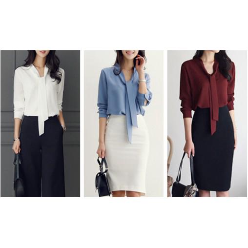 Áo sơ mi voan cổ thắt nơ thanh lịch cho nữ áo rút áo tiểu thư áo bigsize sơmi nữ áo sơmi nữ áo lụa áo trắng áo hở lưng