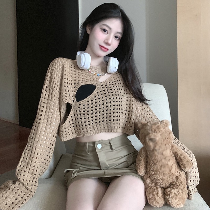 Áo Croptop Dệt Kim Phối Lưới Xuyên Thấu Phong Cách Hàn Quốc Quyến Rũ Dành Cho Nữ