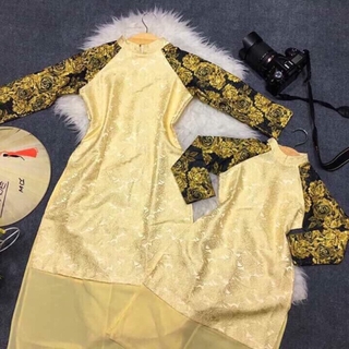 Set áo dài vàng tay hoa đen set 3 mẹ con