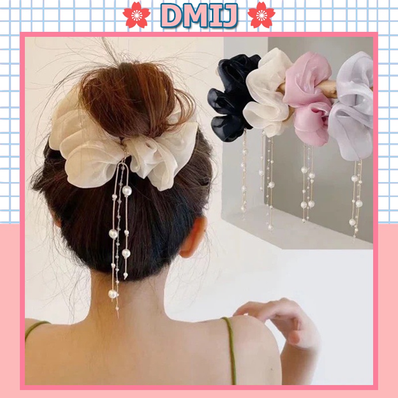 Cột tóc vải scrunchies đính dây ngọc hàn quốc dây buộc tóc scrunchies nhiều màu