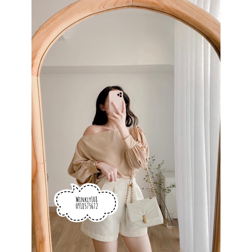 [Ảnh thật] Áo trễ vai đính nơ vai dài tay cúc ngọc - Áo sơ mi kiểu lệch vai thắt nơ basic tiểu thư