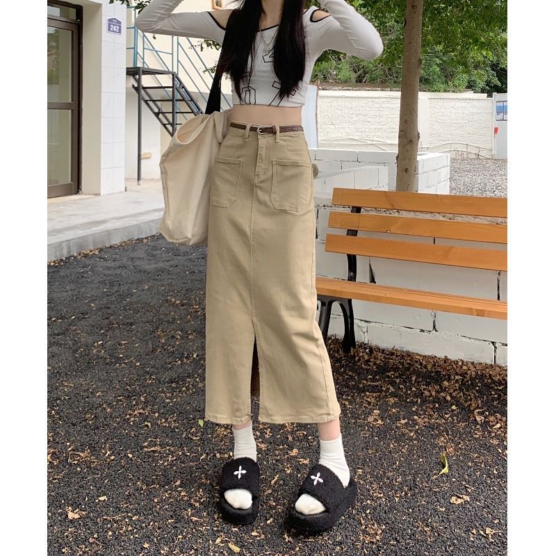 Jiashucheng Chân Váy Denim Chữ a Lưng Cao Dáng Ôm Xẻ Tà Phong Cách Retro Mùa Thu Mới Cho Nữ