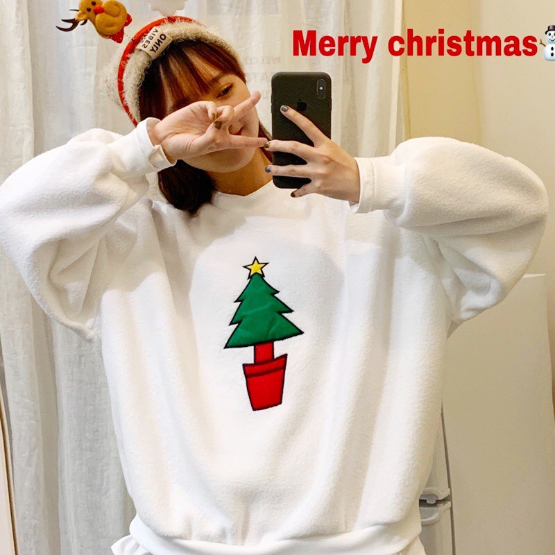 Áo Nỉ Nữ Dài Tay Họa Tiết Giáng Sinh Bông Tuyết, Tuần Lộc, Cây Thông - Áo Sweater Noel Xanh Đỏ Đen Trắng Mặc Đơn Đôi Nhó