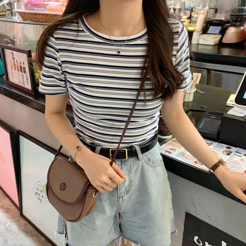 Áo thun dệt kim SUXI dáng ôm tay ngắn họa tiết sọc cầu vồng phong cách Hàn Quốc