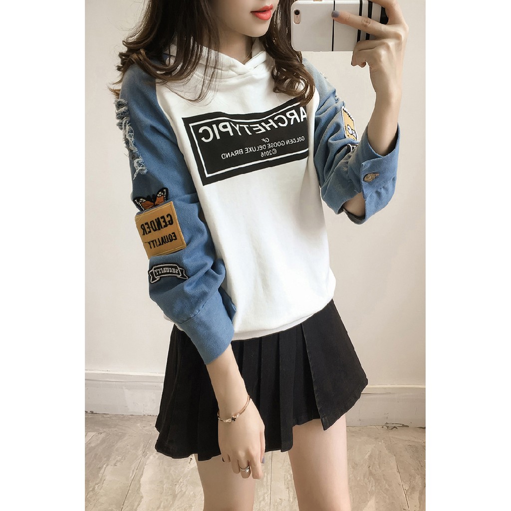 Áo Khoác Denim Tay Dài Có Nón Trùm Phối Rách Phong Cách Hàn Quốc Dành Cho Nữ flb2073 501