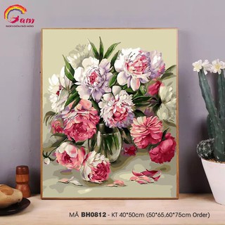 (CÓ SẴN KÈM KHUNG) Tranh tự tô màu sơn dầu số hóa NgocTUART - Tranh lọ hoa mẫu đơn hoa tươi BH0812