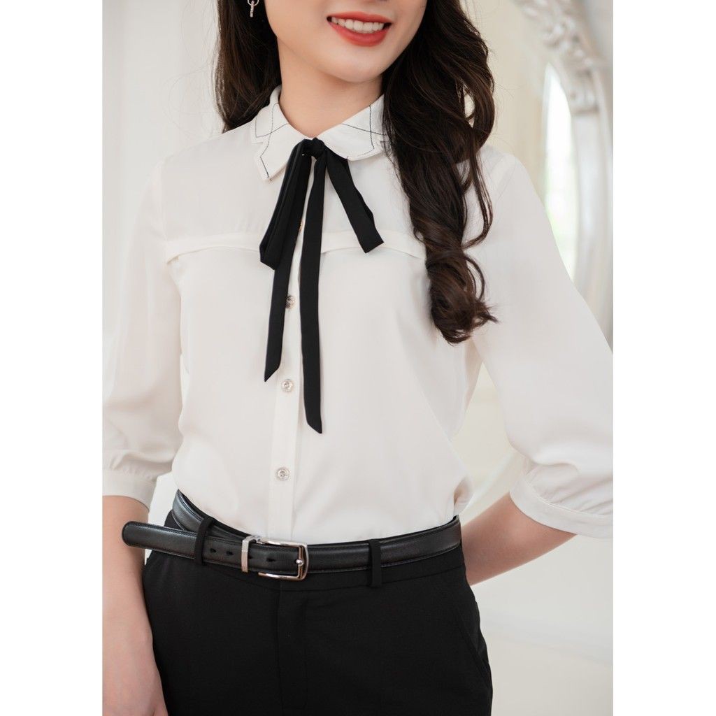 [Mã BMBAU50 giảm 50K đơn 150K] Áo sơ mi trắng nữ cổ đức phối nơ tay lửng LOZA LS1382