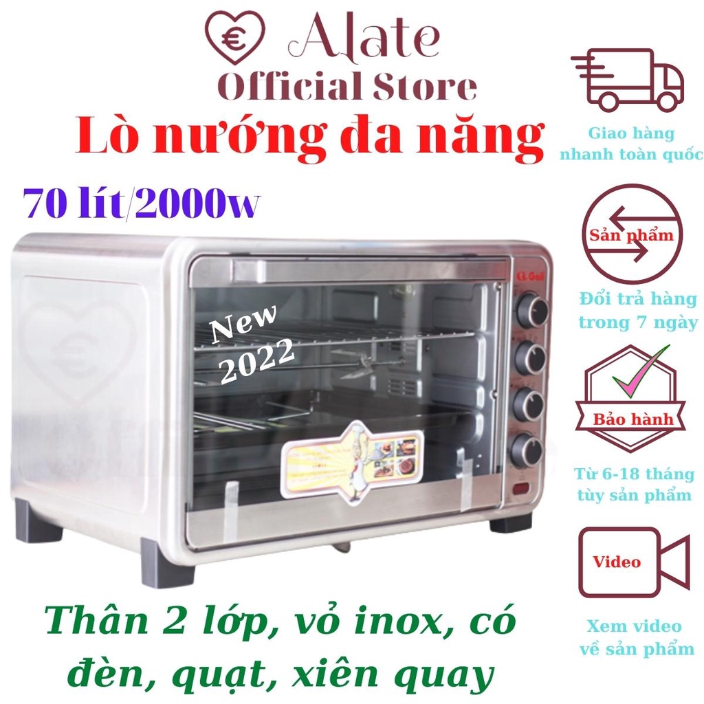 Lò điện đa năng Gali dung tích lớn 70 lít 2000w nướng thịt bỏ heo gà cá, bánh, củ có quạt, đẻn, xiên quay giảm dầu mỡ