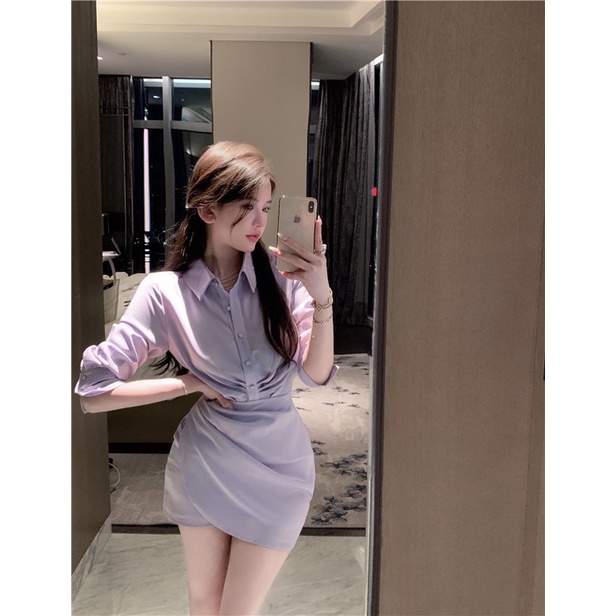 Đầm sơ mi lụa thiết kế tay dài cao cấp, đầm công sở cao cấp, đầm dự tiệc cao cấp, đầm lụa, đầm tím MS:020