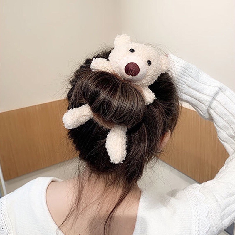 Dây cột tóc phối lông hình con gấu dễ thương