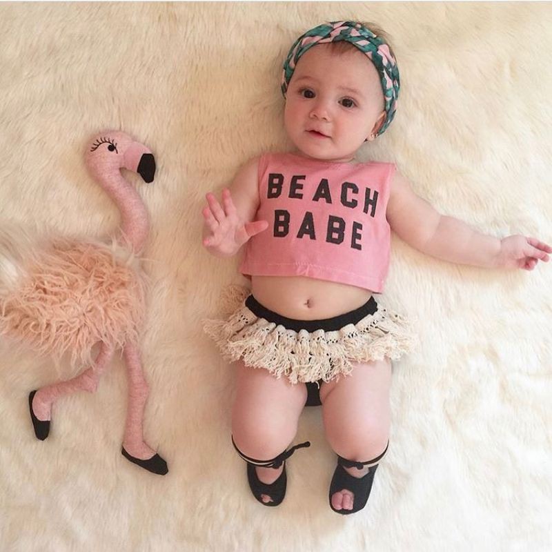 Bộ Áo Ba Lỗ In Chữ + Quần Short Tua Rua Cho Bé