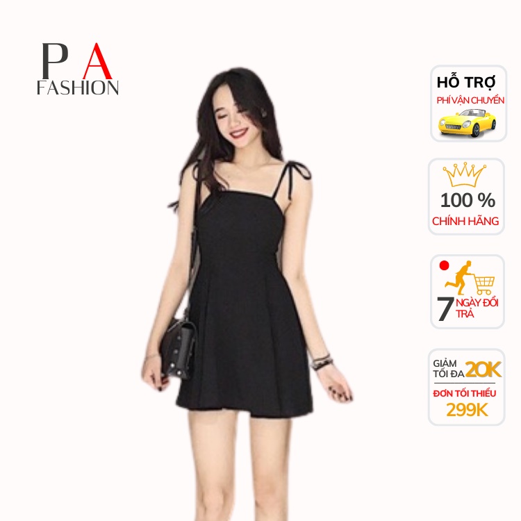 Đầm 2 dây thiết kế ôm ngực, Váy hai dây thắt nơ vai xòe Chất liệu voan Đen Trắng Chấm bi đen