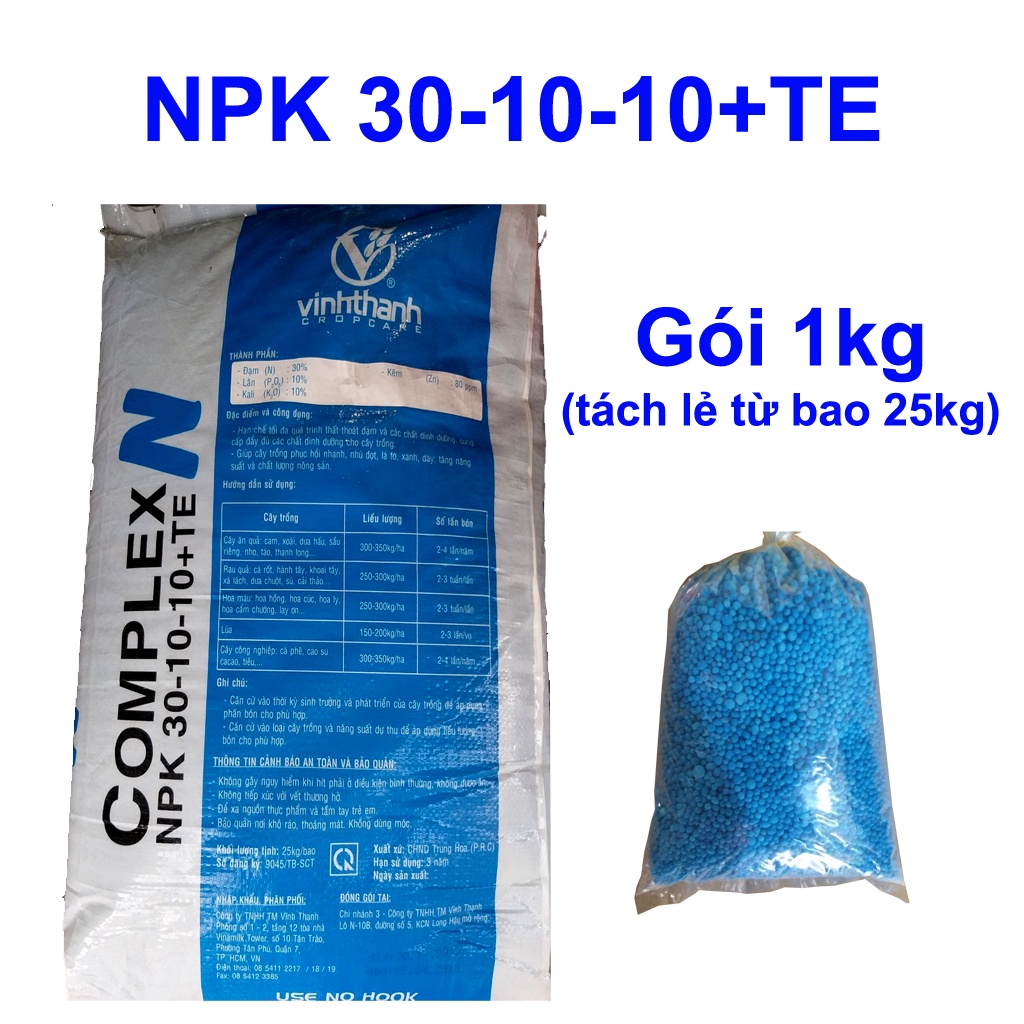 1kg Phân bón NPK complex 30-10-10+TE cao cấp - Giúp cây ra rễ cực mạnh, cứng cây, xanh lá, chống đổ ngã