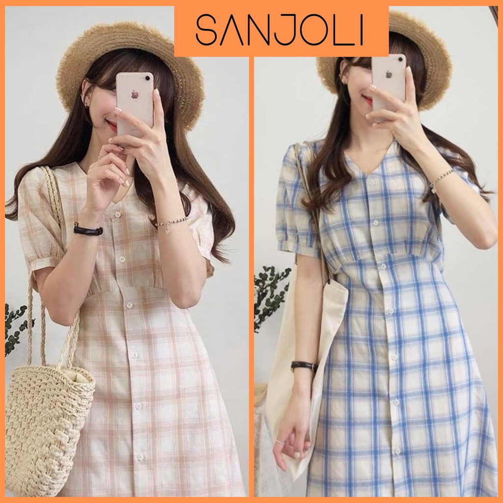 Đầm Caro Tay Phồng SANJOLI Thiết Kế Dáng Dài Hai Dây Thắt Eo Phù Hợp Đi Chơi Dự Tiệc Cưới Đẹp Hai Màu Xanh Hồng VD046