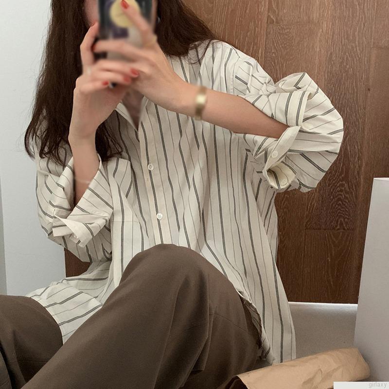 Áo sơ mi tay dài dáng rộng họa tiết sọc phong cách Hàn Quốc thời trang cho nữ