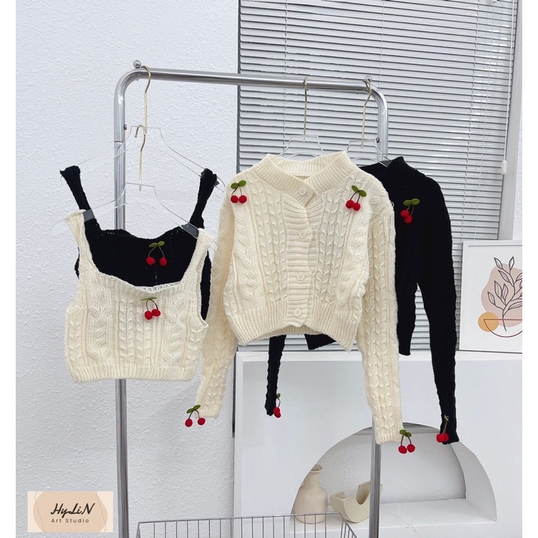 Set áo len cặp đính quả cherry bông siêu cưng,