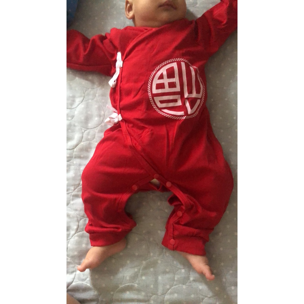 Body Tết Tài lộc cho bé mẫu Quần áo bé trai dài tay kèm mũ chất cotton màu đỏ dễ thương từ 3-12kg