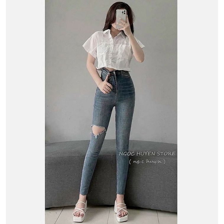 Quần jeans cạp cao rách gối pha dáng ôm