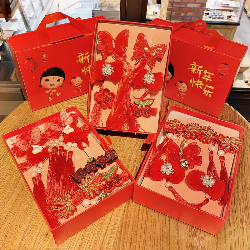 Phụ kiện cài tóc hình bướm đỏ phong cách Trung Hoa mừng năm mớ