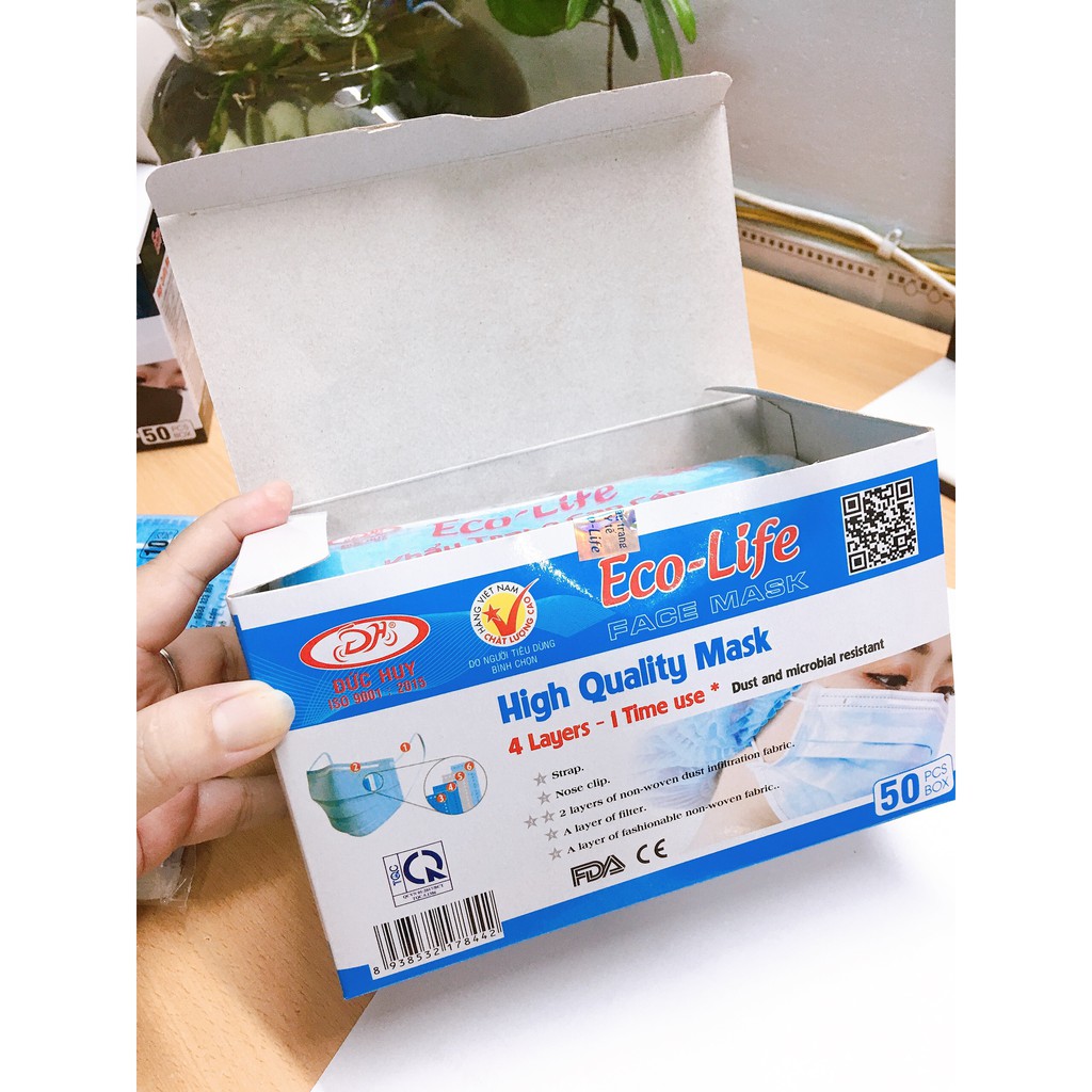 Khẩu trang y tế 4 lớp Eco- Life giấy lọc kháng khuẩn- hộp 50 cái- tân bình