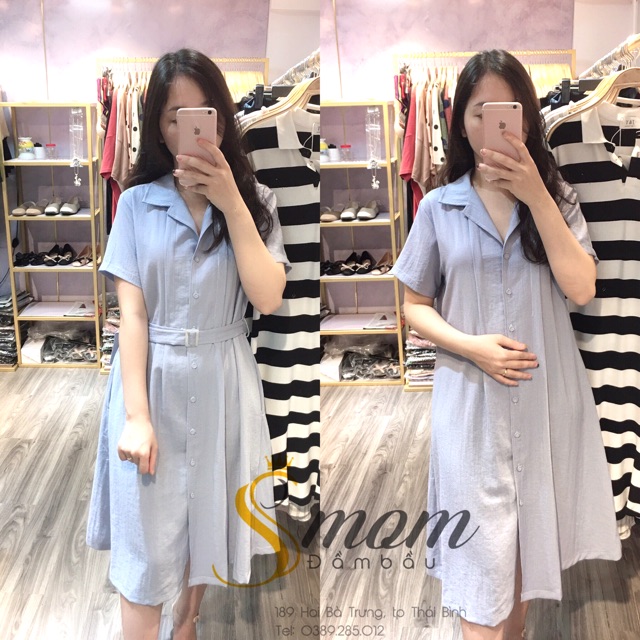 Váy bầu + sau sinh cổ sơ mi, cúc dọc