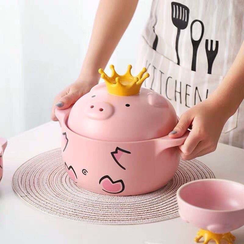 HÀNG SẴN Nổi Sứ Màu Hồng Tay Cầm Chịu Nhiệt Cao 1000ml In Hình Heo Hồng Xinh Xắn