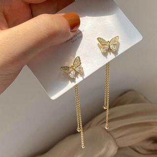 Bông tai BƯỚM VÀNG THẢ TUA RUA HẠT đính đá khuyên tai trang sức nữ
