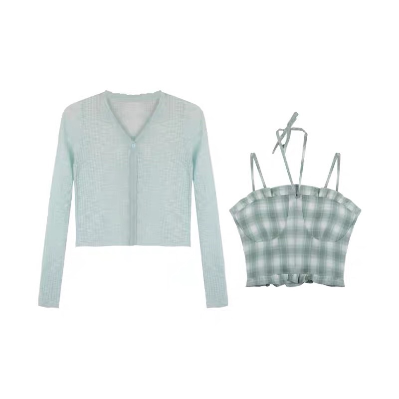Set áo len mix 2 dây thô kẻ xanh mint