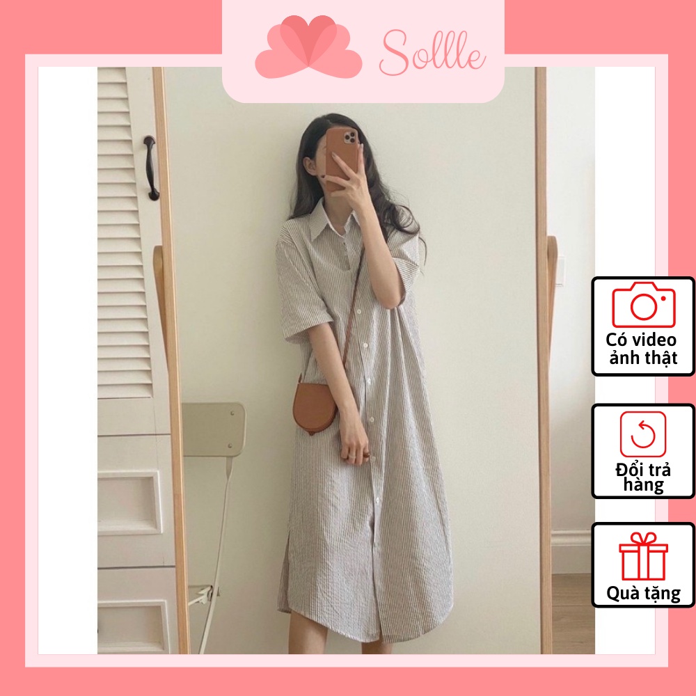 Đầm váy sơ mi dáng suông dài kẻ sọc xanh đen chất thun xốp không nhăn Sollle VSM001