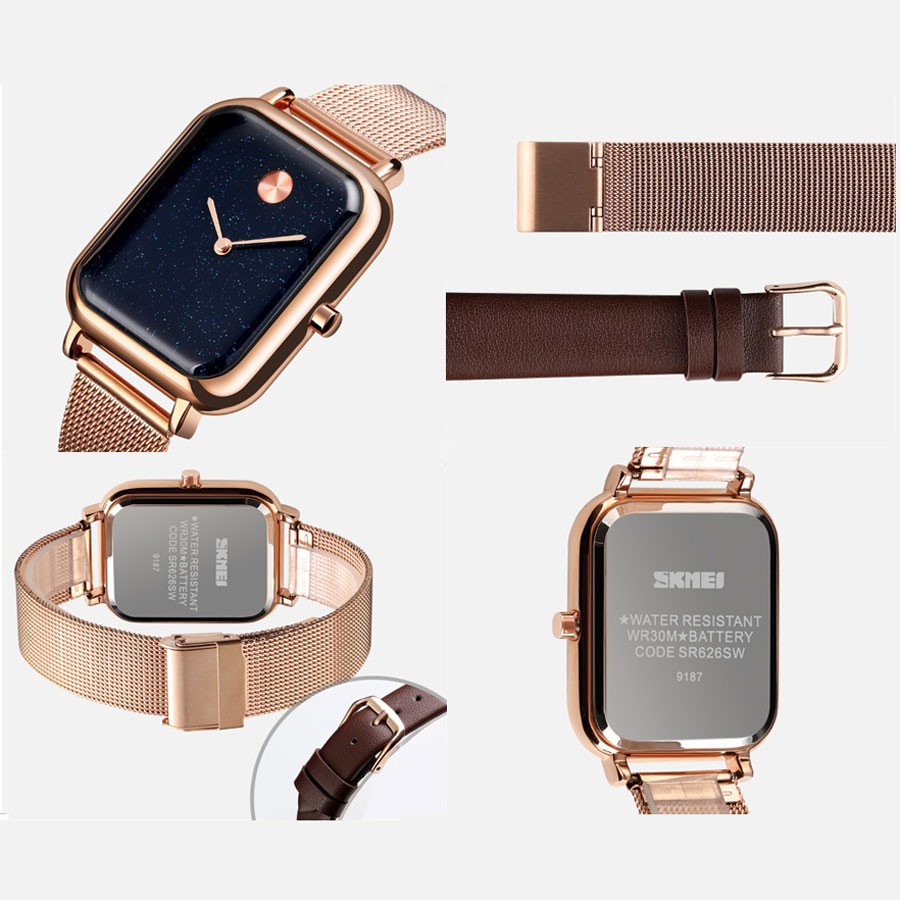 Đồng Hồ Thời Trang SKMEI 9187 Mặt Vuông Với Dây Đeo Bằng Thép Chống Nước Dành Cho Cặp Đôi