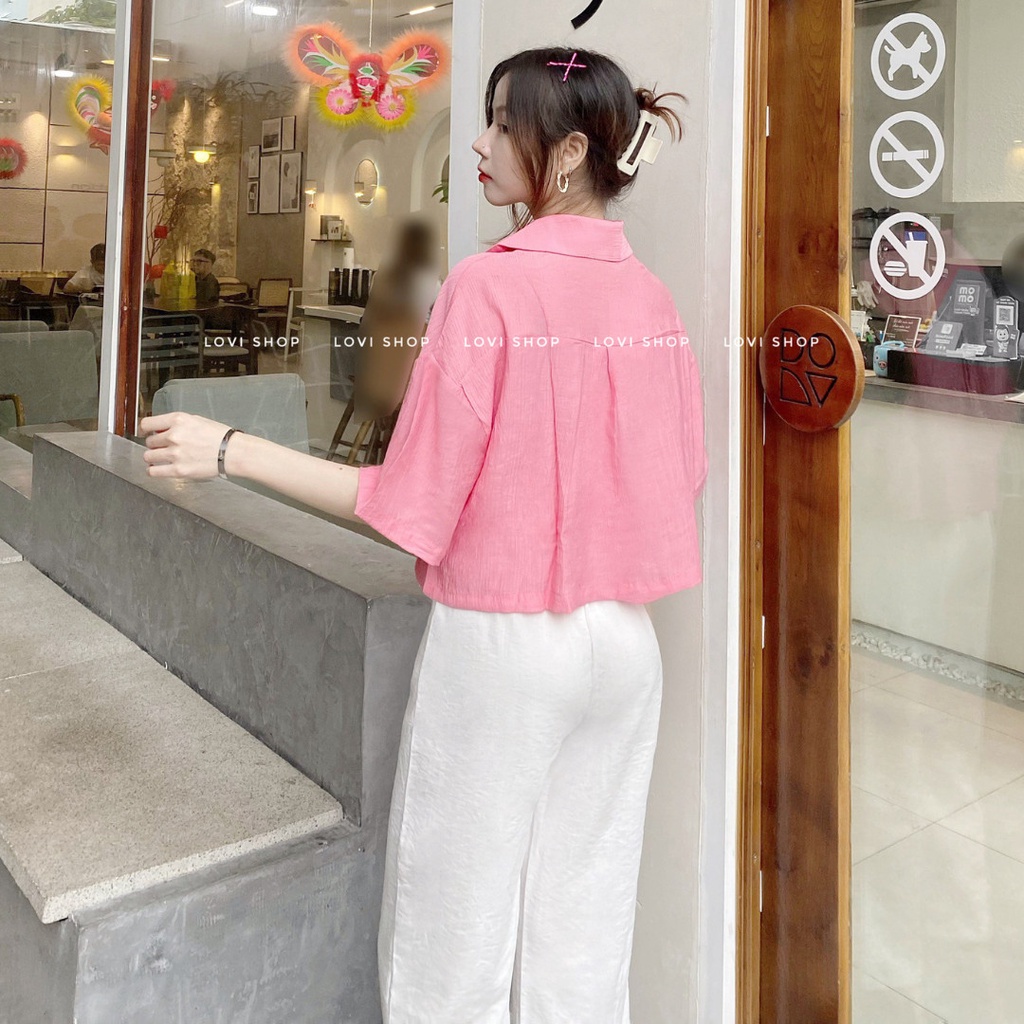 LOVI SHOP Áo sơ mi nữ croptop tay ngắn cổ lá sen form rộng basic