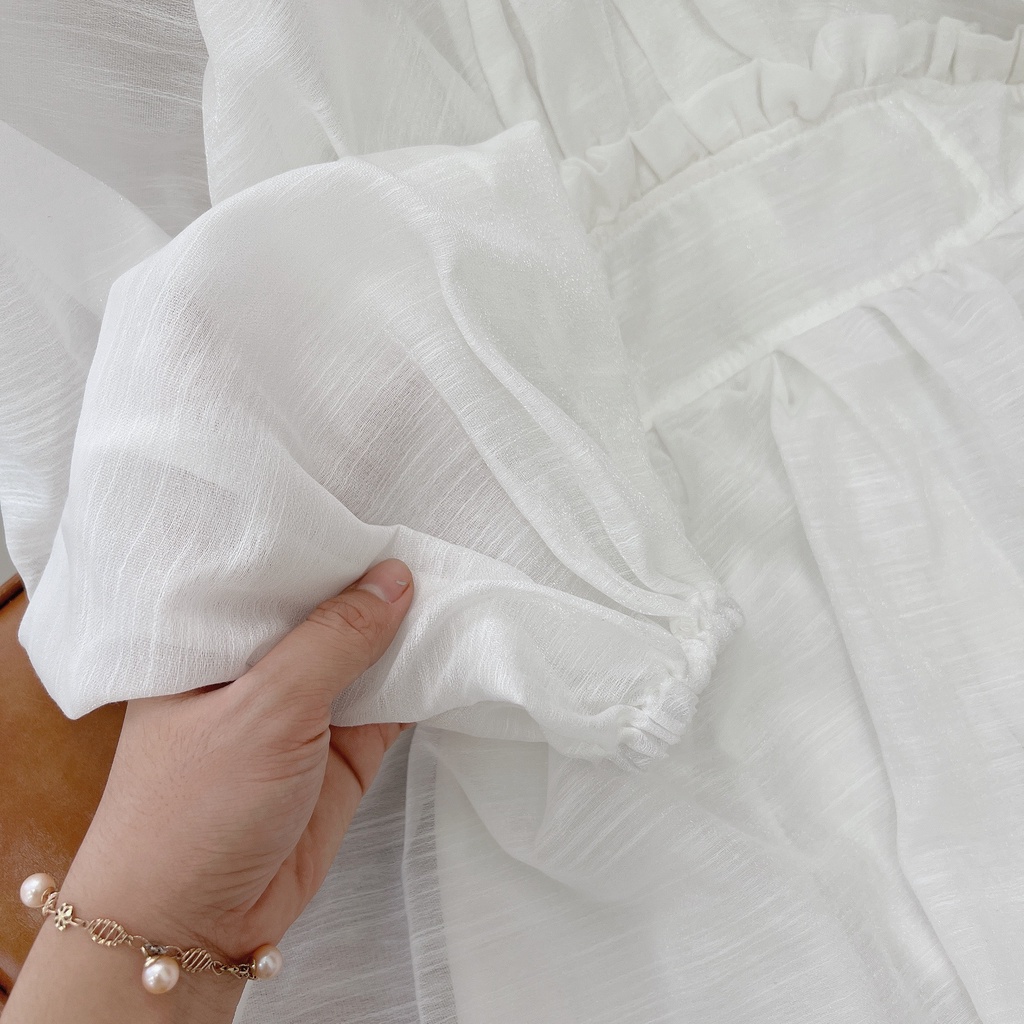 ĐẦM XẾP NHÚM CỔ CHẠY VIỀN HẠT TAY BỒNG