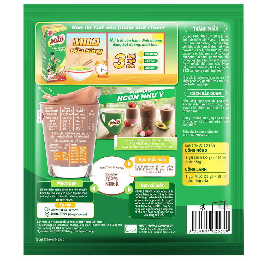 Milo sữa 3 trong 1 330gr (3 dây*5 gói*22g)