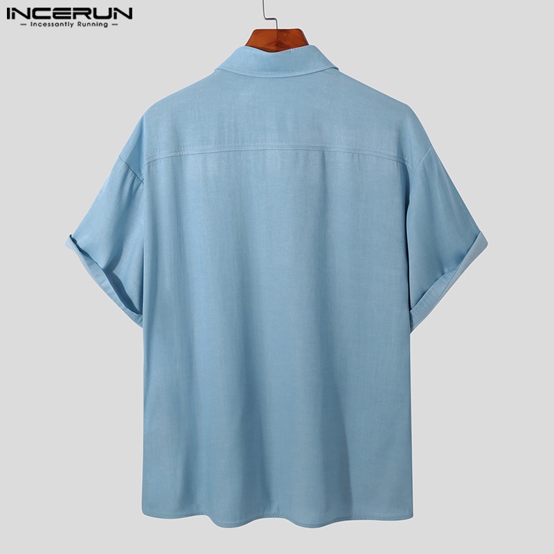 Áo sơ mi denim INCERUN ngắn tay màu trơn phối túi hộp thời trang cho nam