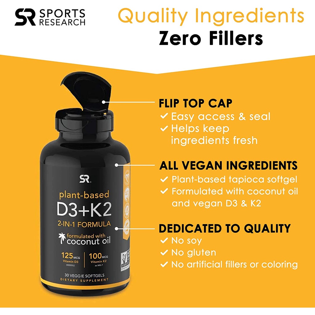 Vitamin K2 D3 Sports Research, Vitamin K2D3  5000iu Vitamin D with 100mcg Mk7 60 viên mẫu mới nhất date 03.2026