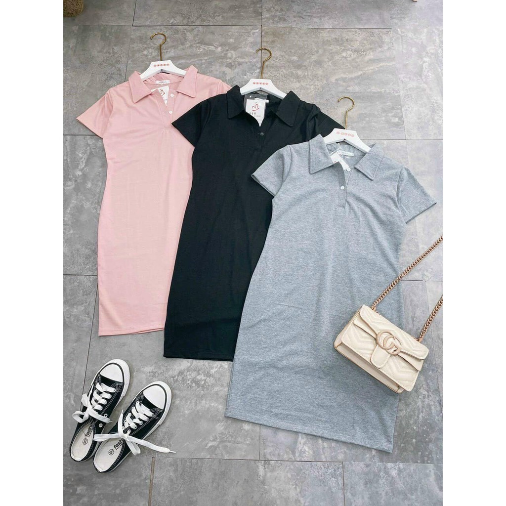 Váy nữ đầm cổ bẻ polo ôm Body chất cotton tàu siêu co giãn mềm min