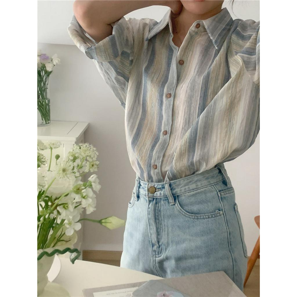 Áo polo Chống Nắng Dáng Rộng Tay Dài Kẻ Sọc 65335 Dễ Phối Đồ