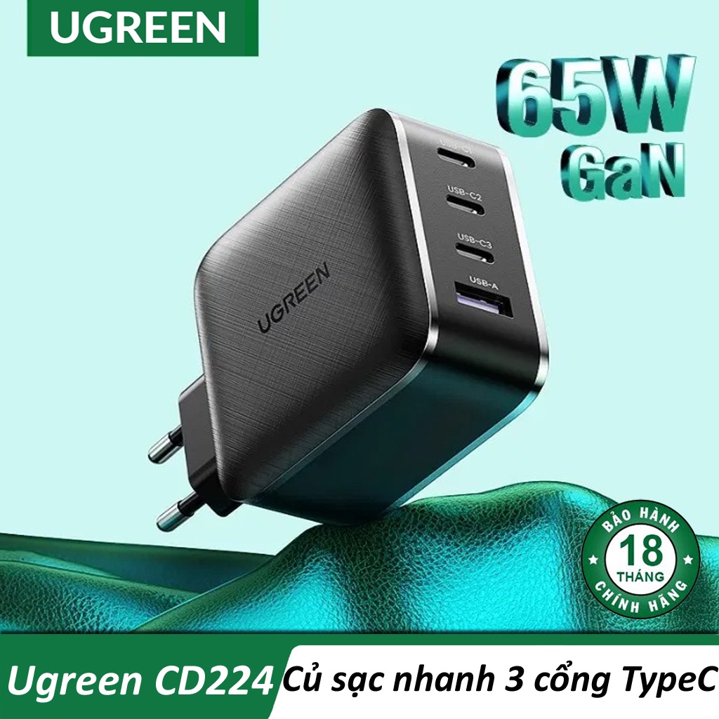 Củ Sạc Nhanh 65W 3 Cổng Type C GaN Quick Charge 4.0 3.0 Ugreen CD224 - BH 18T Chính Hãng