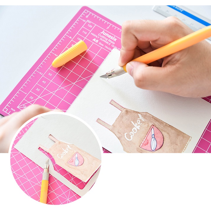 Bảng cắt kèm phụ kiện JUNESIX cutting mat thước dao trổ và lưỡi làm thủ công cắt sticker washi tape MIAO'S LITTLE FOREST