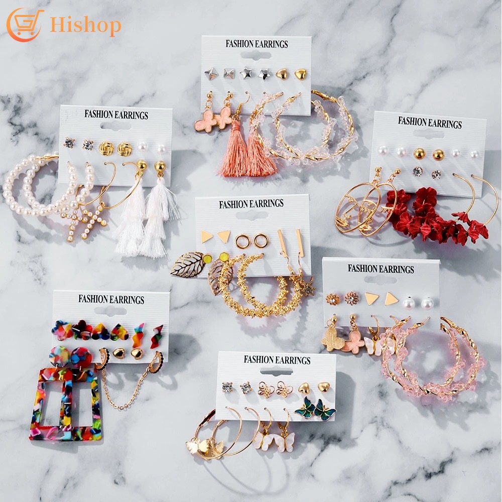 Bộ hoa tai nhiều kiểu dáng hình học đính ngọc trai nhân tạo thời trang