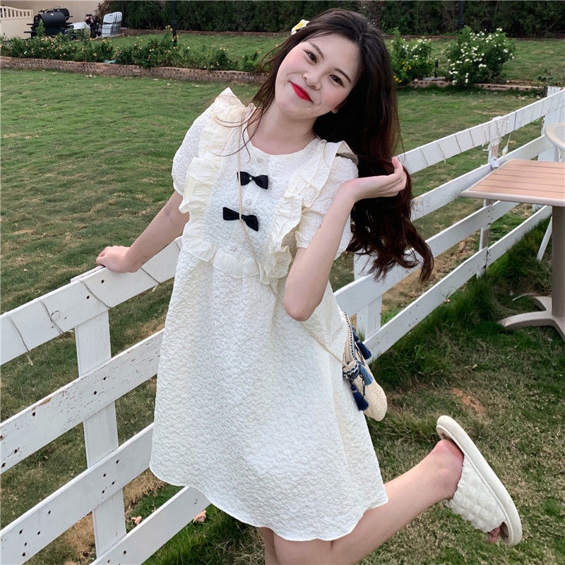 Đầm Cổ Tròn Tay Phồng Dáng Rộng Phối Bèo Lá Sen Cỡ Nhỏ Phong Cách Nhật Bản Ngọt Ngào Thời Trang Mù